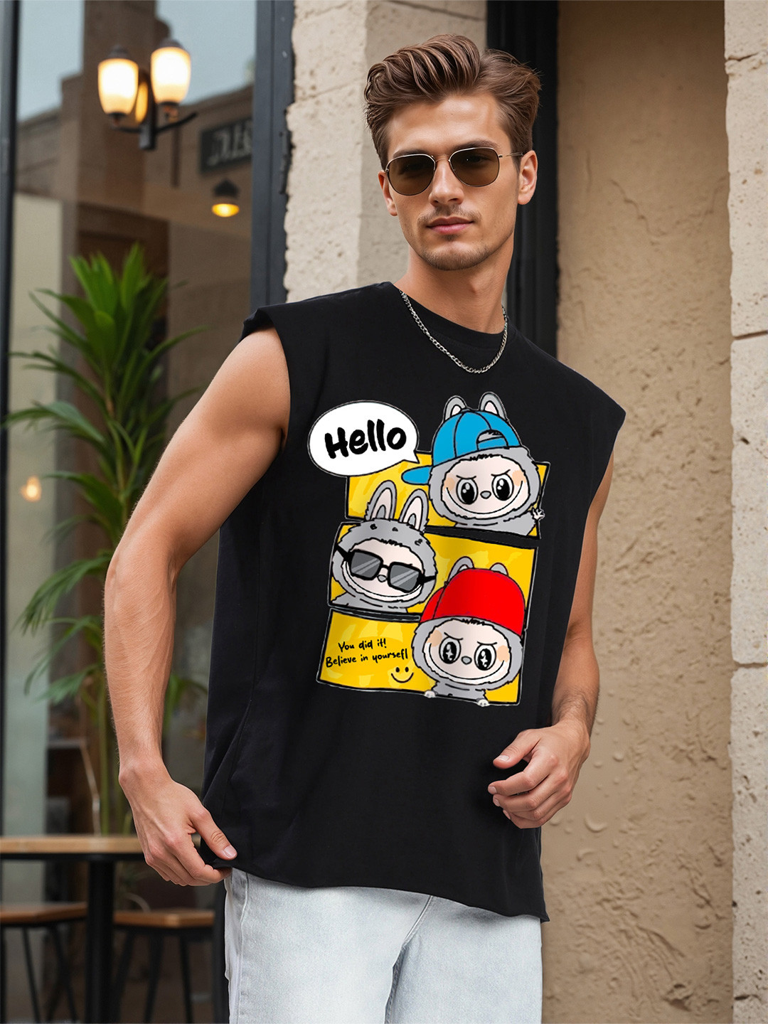 Bene Kleed Labubu Graphic Sleeveless Pure Cotton Oversized T-shirt