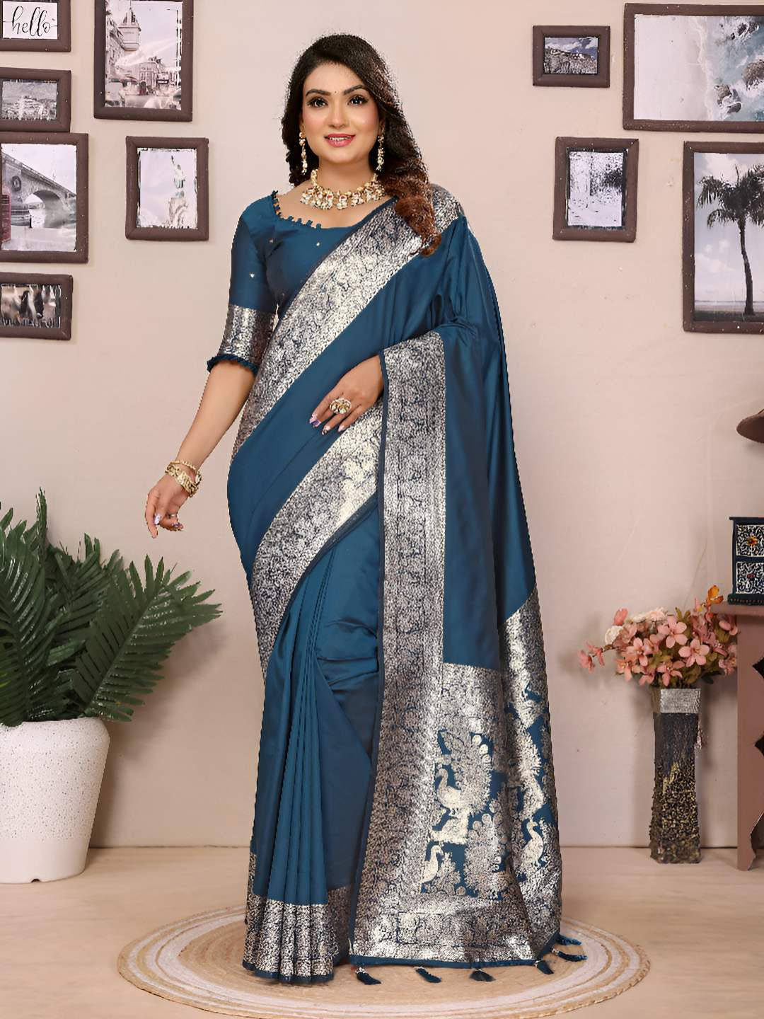 Divyadham Textiles Solid Woven Design Zari Border Banarasi Saree