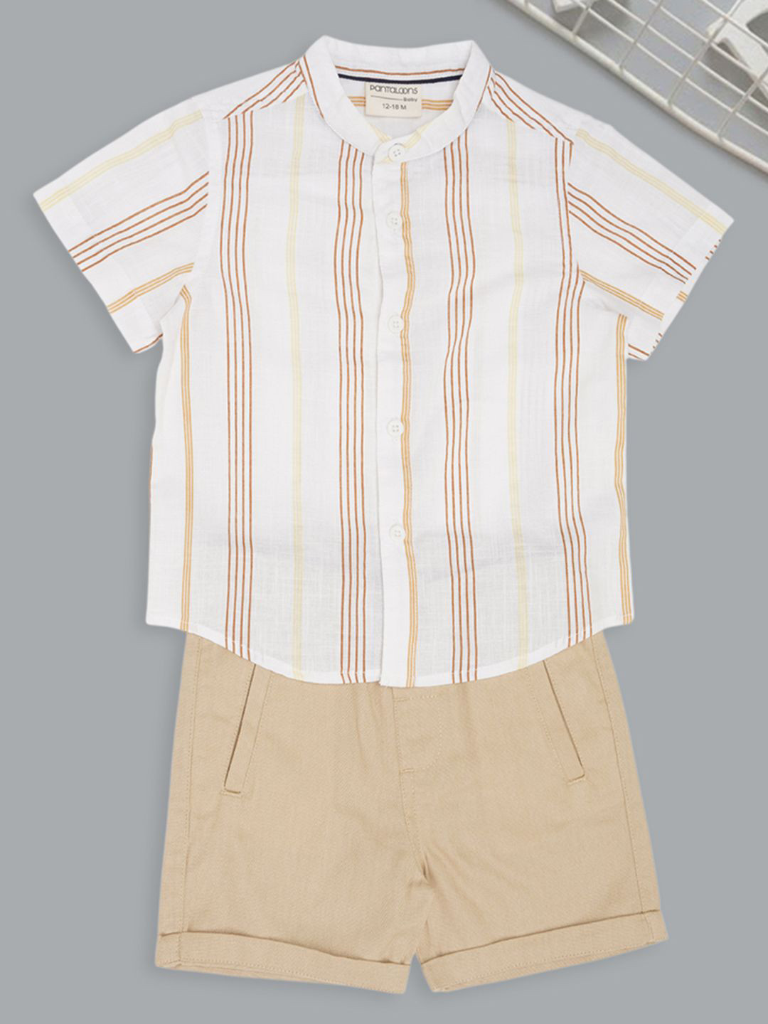 Pantaloons Baby Boys Striped Short Sleeves Pure Cotton Shirt With Shorts