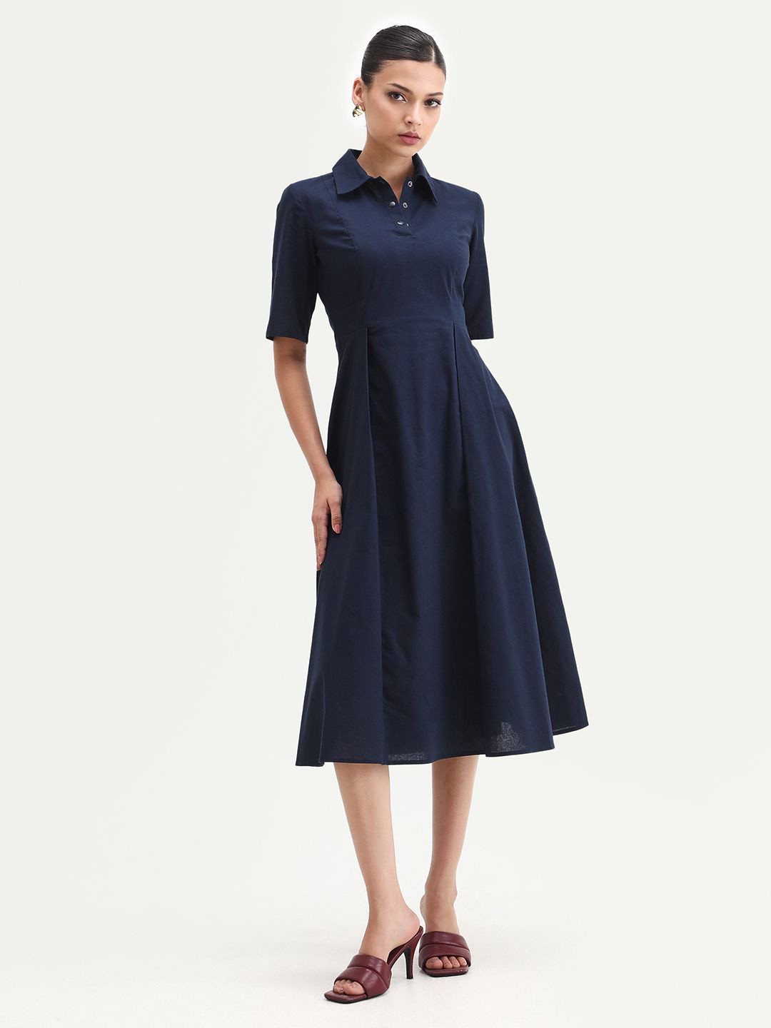 RAREISM Women Shirt Collar Cotton Fit & Flare Jefo Navy Dress