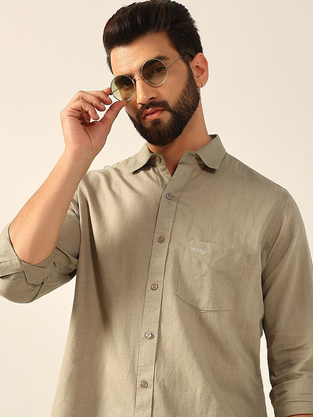 ENSPYR Men Beige Solid Long Sleeves Casual Shirt