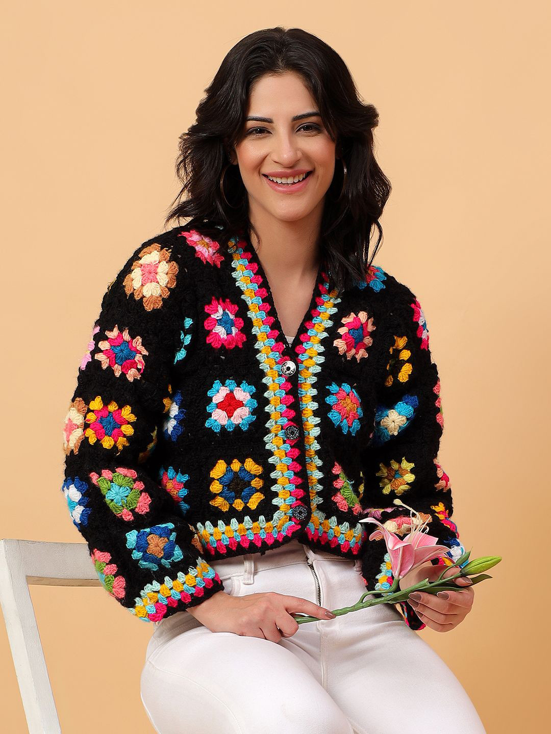 Velvery Floral Self Design V-Neck Crop Cardigan Sweaters