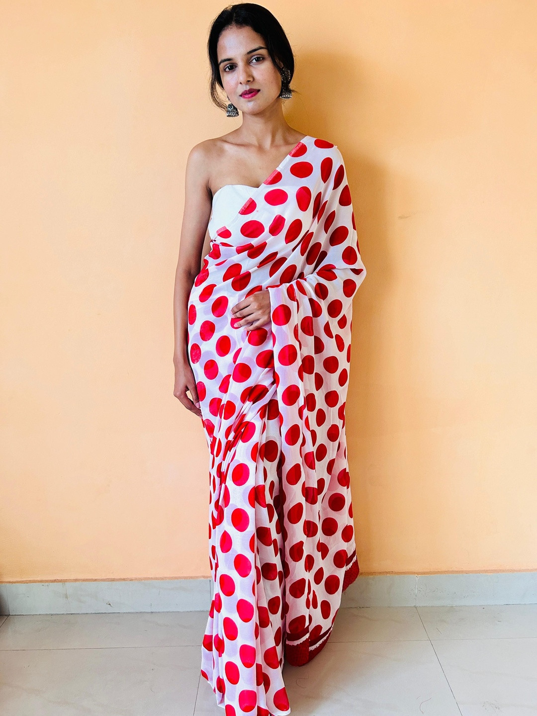 Moda Rapido Women Red & White Polka Dot Printed Poly Georgette Saree