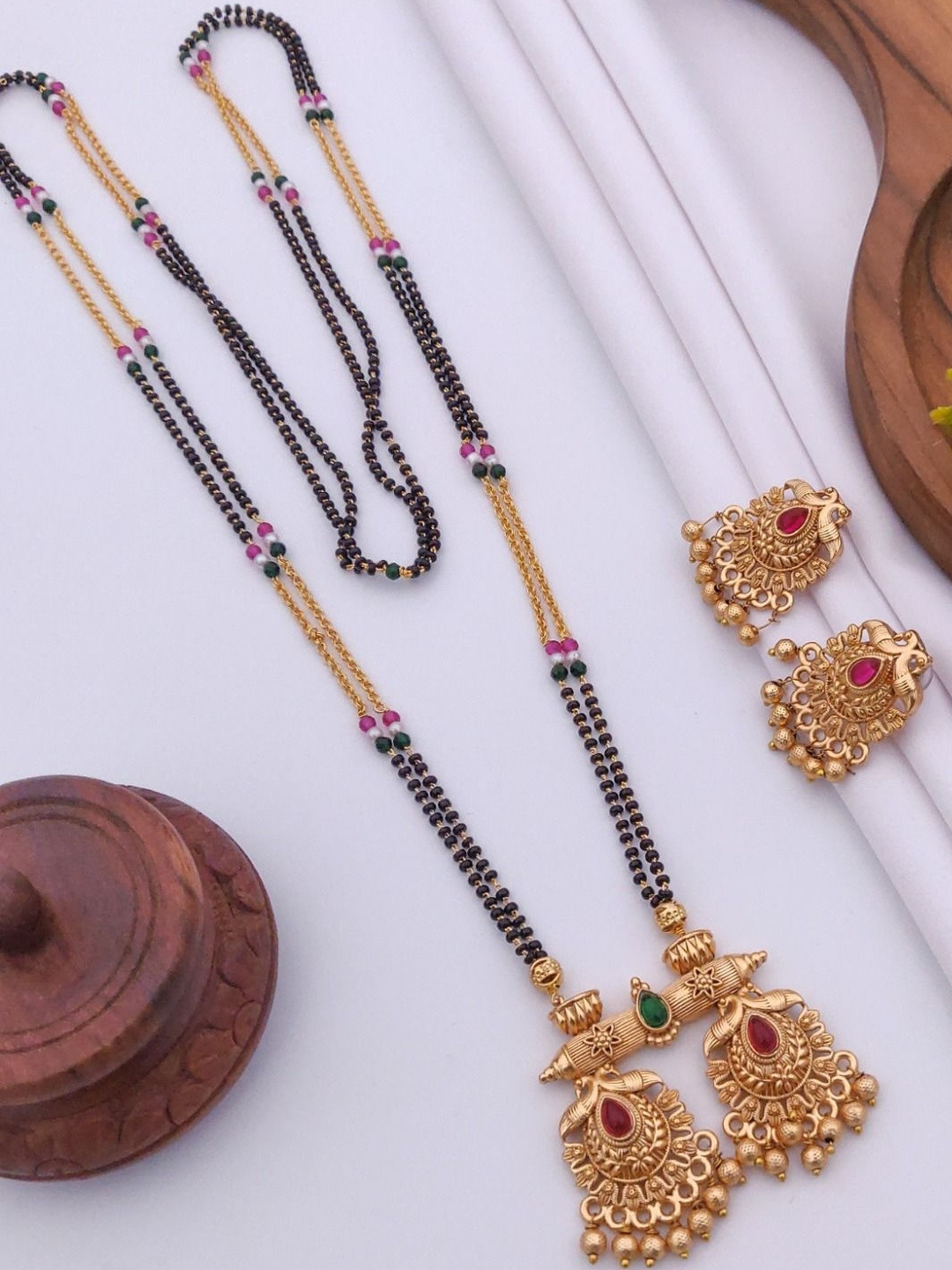 TKRB SALES Gold-Plated Artificial Stones Studded & Beaded Vati Mangalsutra With Earrings