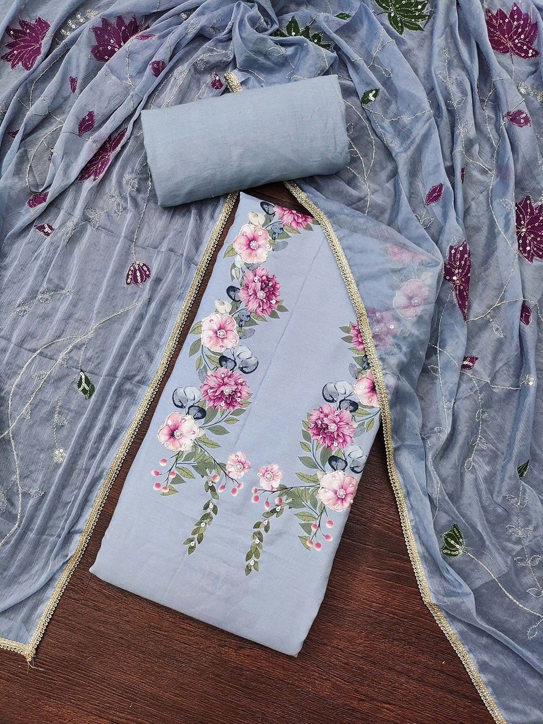 MANVAA Digital Floral Printed Sequinned Unstitched Dress Material