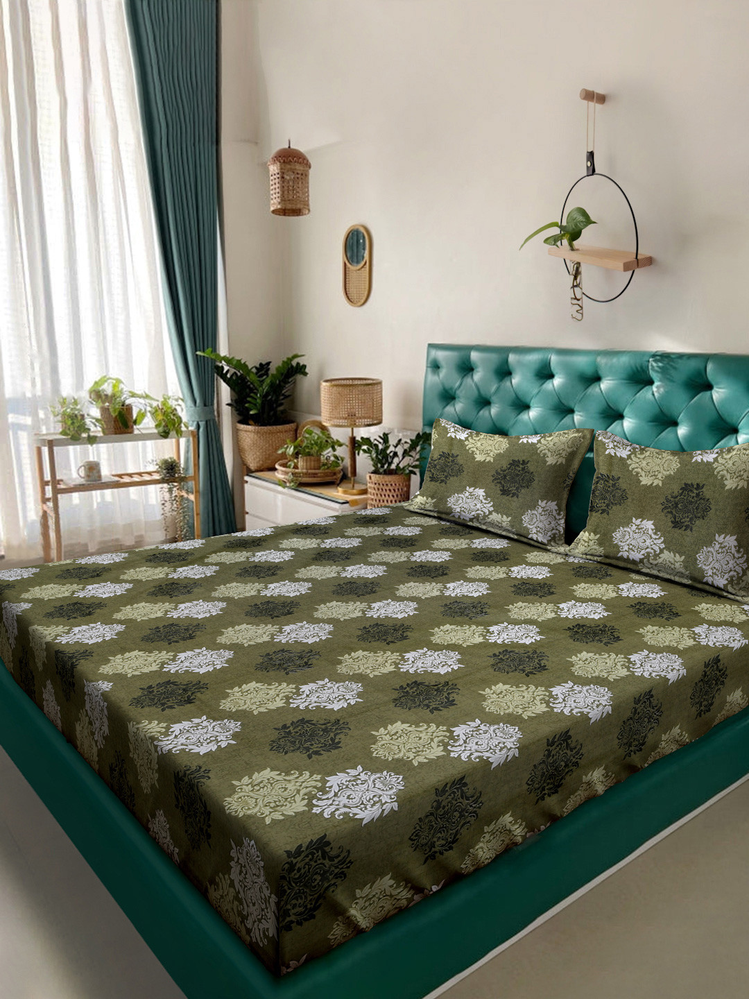 Myntra Elegant Homes OliveGreen Printed Fitted 400TC Cotton King Bedsheet Set 2.50x 2.20 m