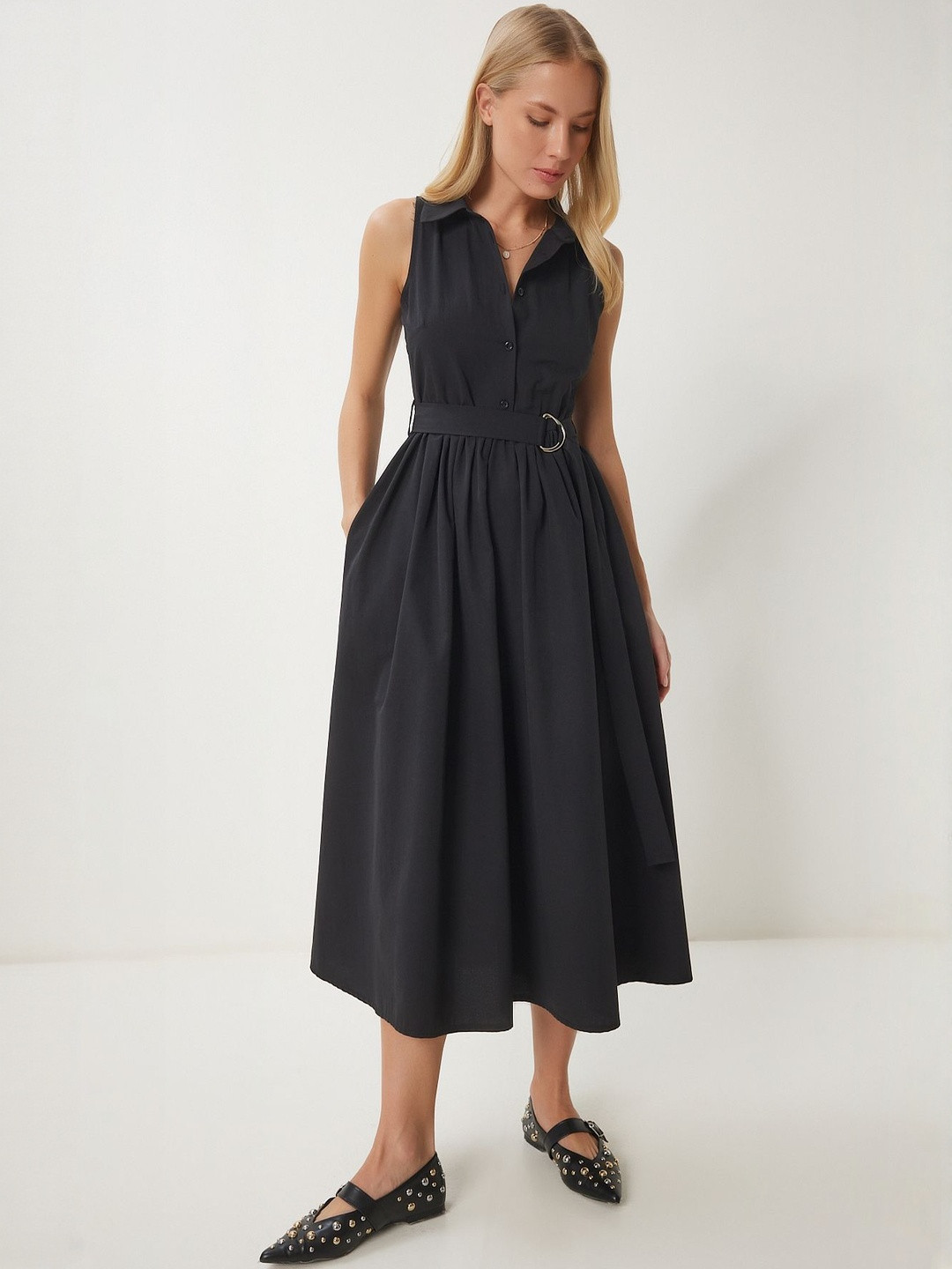 Happiness istanbul Siyah Women Shirt Collar Pleated Shirt Midi Dress