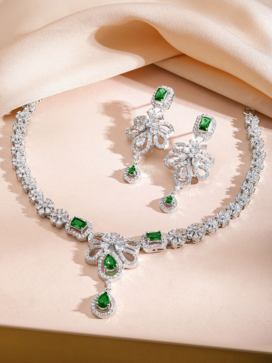 Rubans Rhodium-Plated Emerald Green AD Stone & Cubic Zirconia Floral Designer Necklace Set
