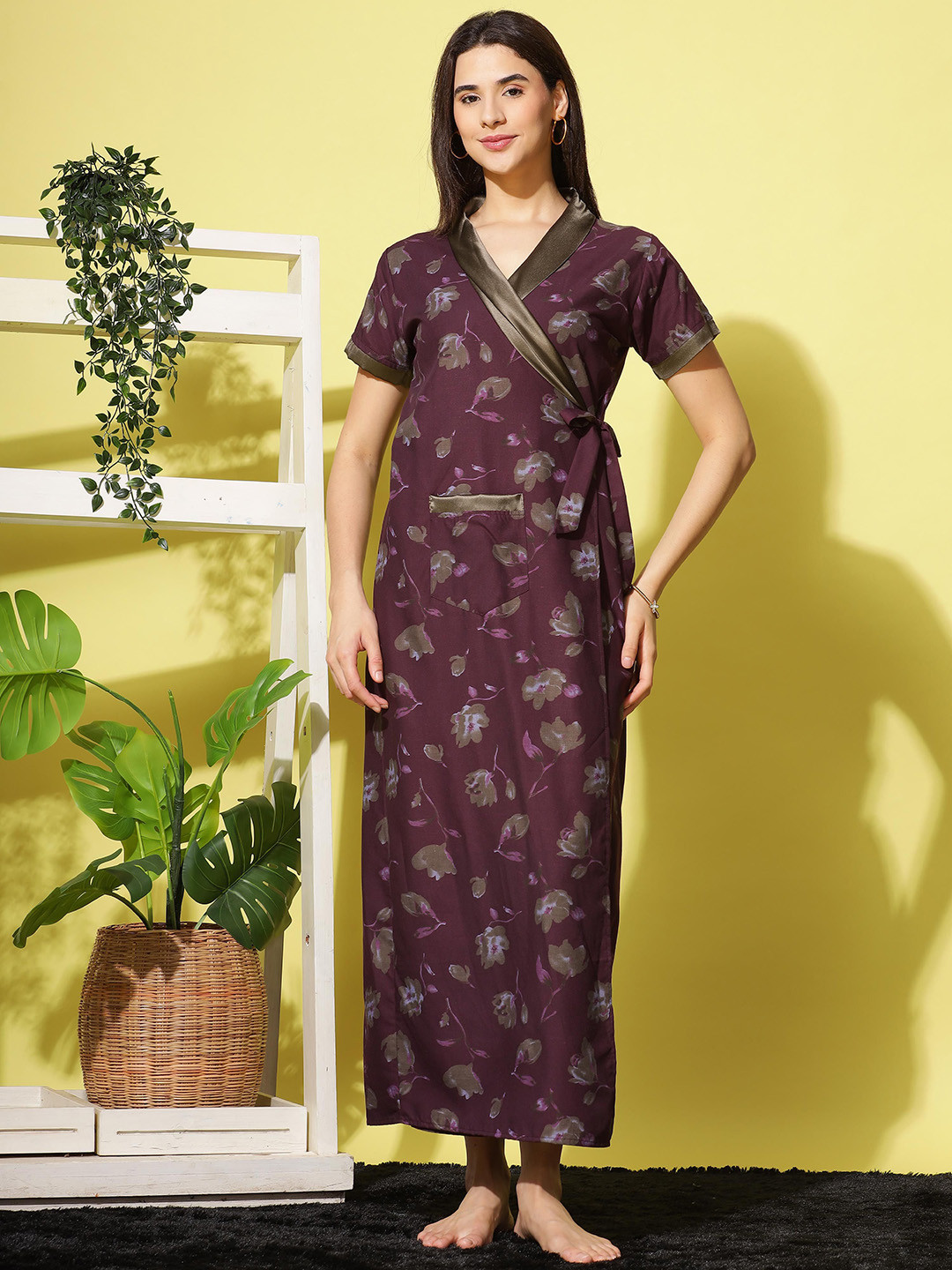 9shines Label Women Printed V-Neck Short Sleeves Nightdress
