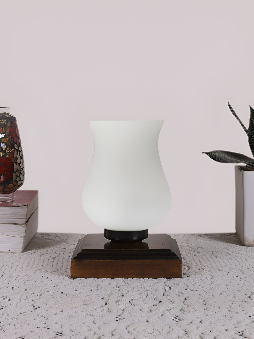 Aura White & Black Wooden Bell Shaped Table Lamp With Square Base