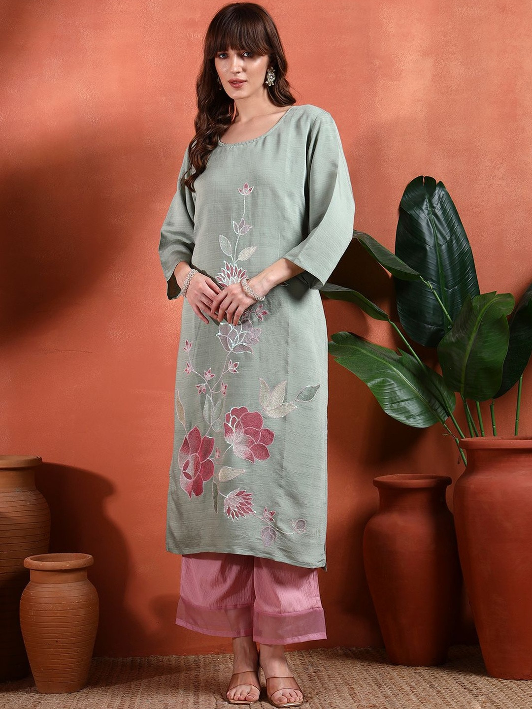 Sangria Women Silkblend Printed Knee Length Sea Green Kurtas