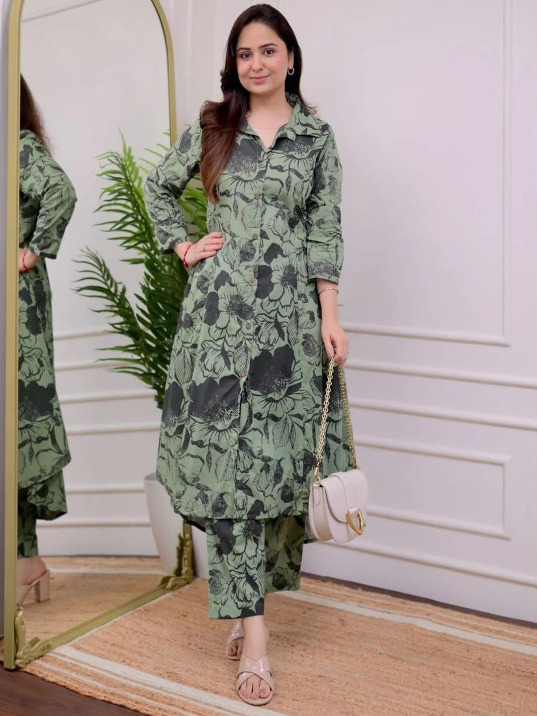 NavNari Printed Shirt Collar Pure Cotton Tunic With Trouser