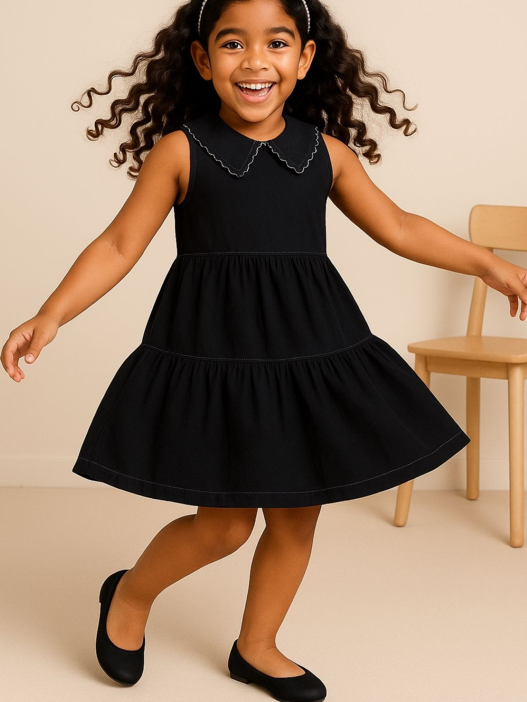 TALES & STORIES Girls Black Casual No Sleeves Peter Pan Collar Fit and Flare Dress