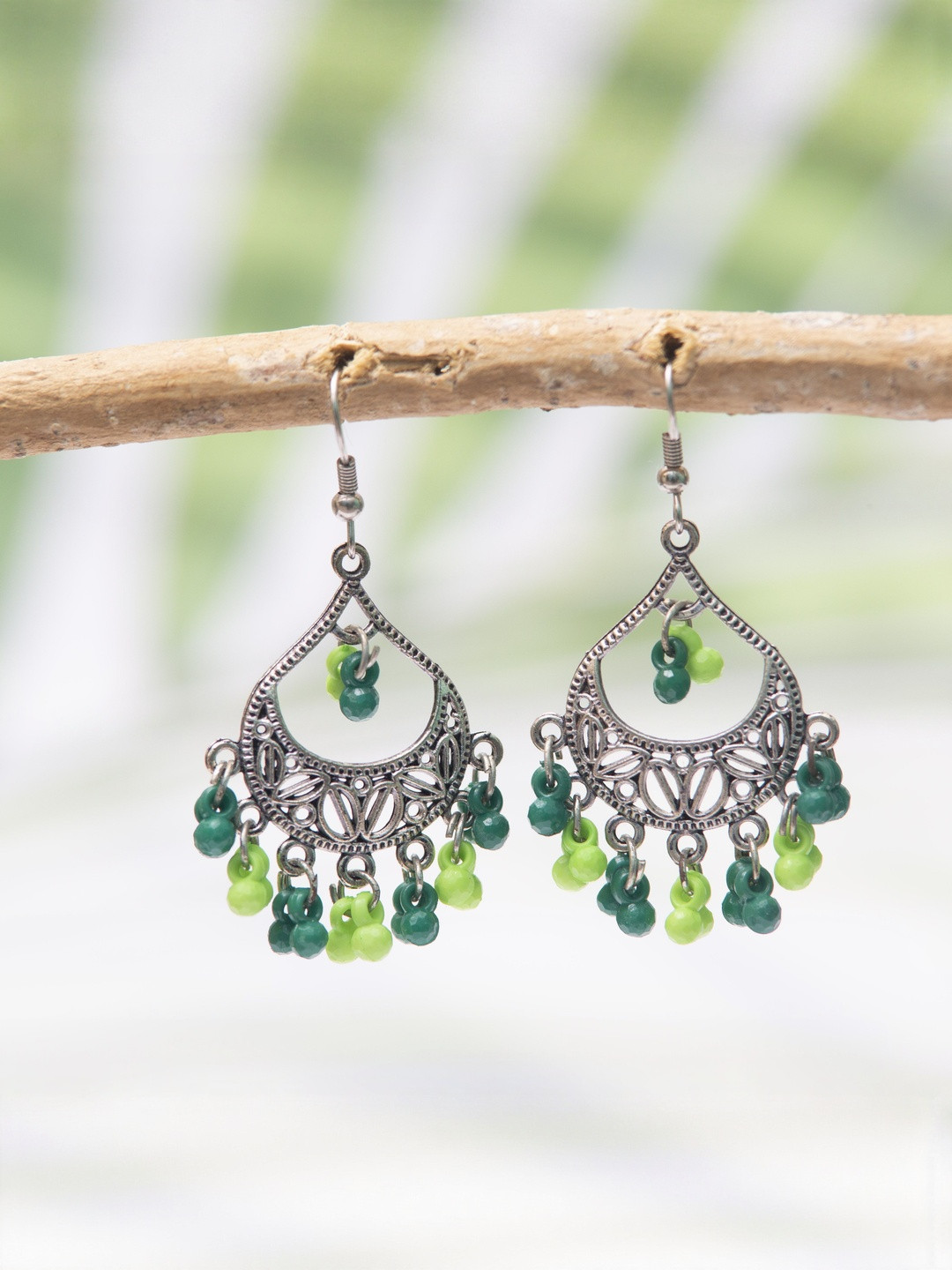 Creative Frogs Women Dark & Light Green Beads Oxidized Silver-Plated Chandbali Earrings