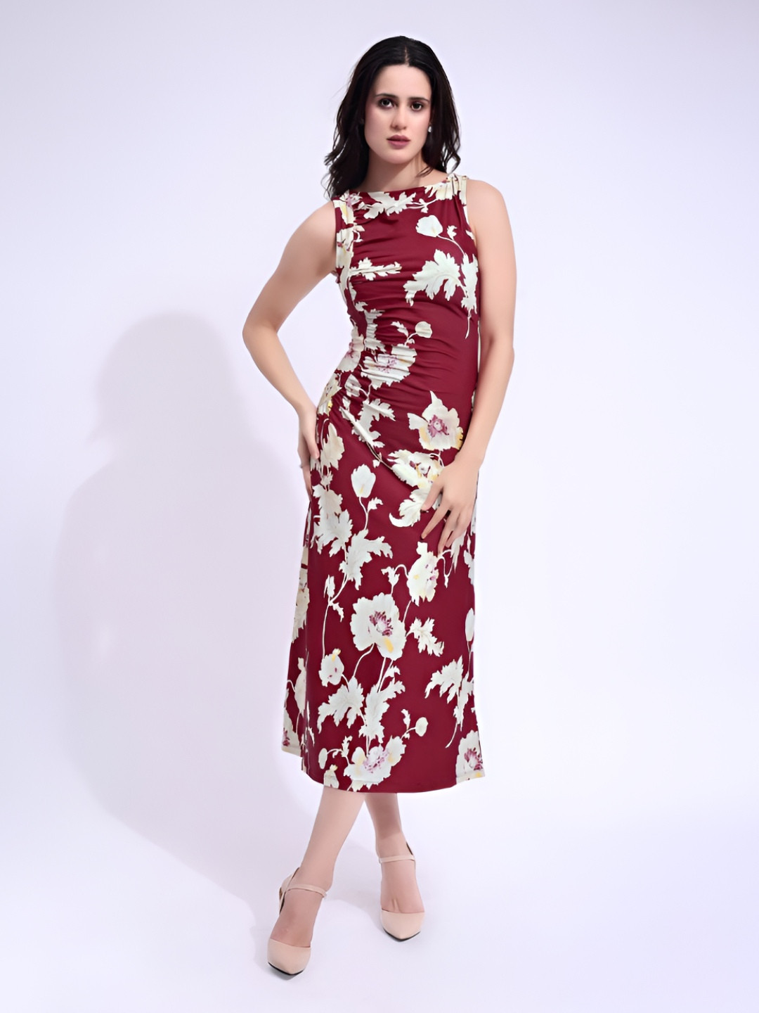 PURVAJA Knitted Noir Women Floral Printed Sheath Midi Dress