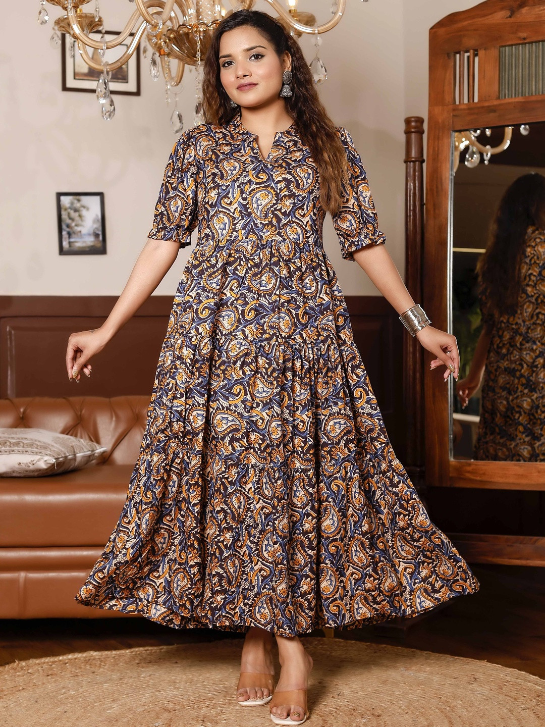 PRESHA Paisley Print Puff Sleeves Cotton Fit & Flare Maxi Dress