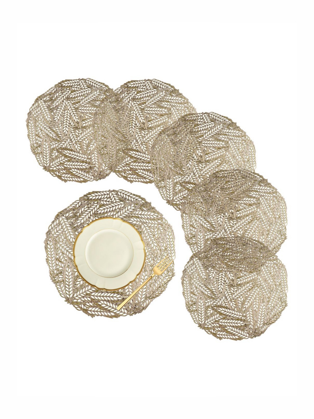 Aura Gold-Toned 6 Pieces Self-Design Leather Round Shape Table Placemats