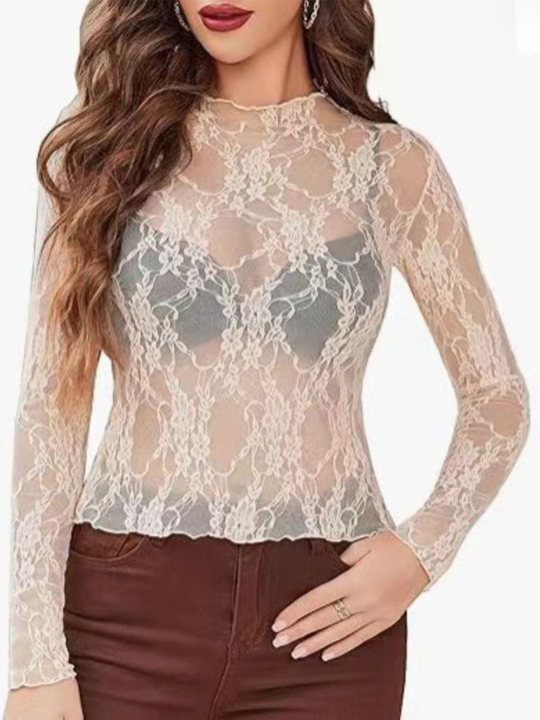 StyleCast Women Floral Self Design Sheer High Neck Top