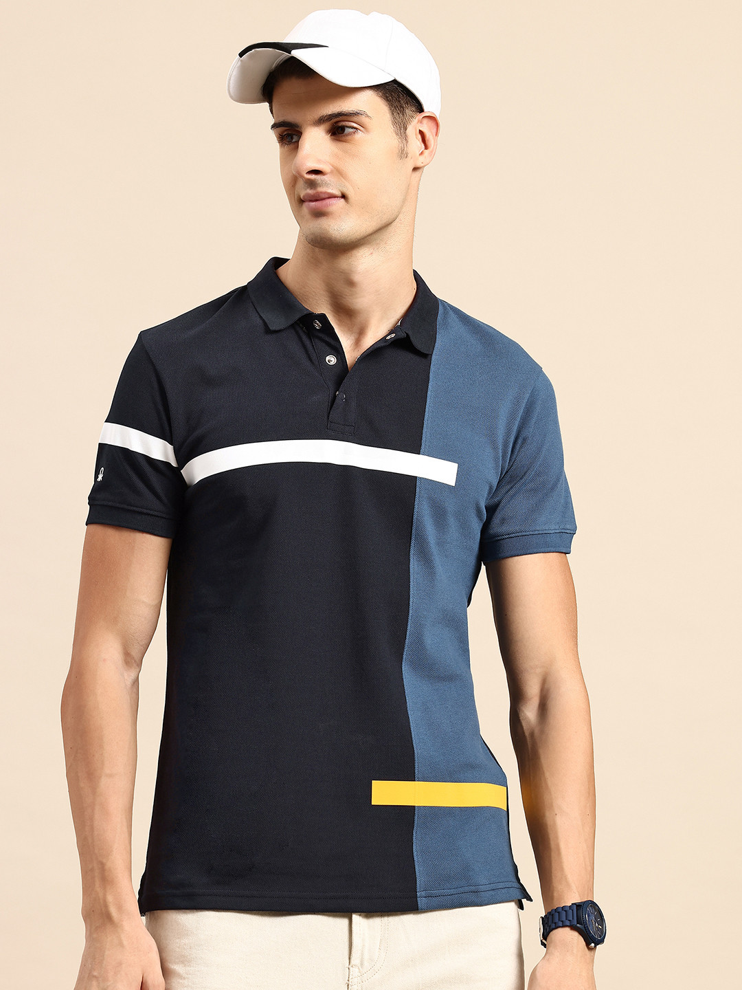 United Colors of Benetton Colourblocked Printed Strip Detail Pure Cotton Polo T-shirt