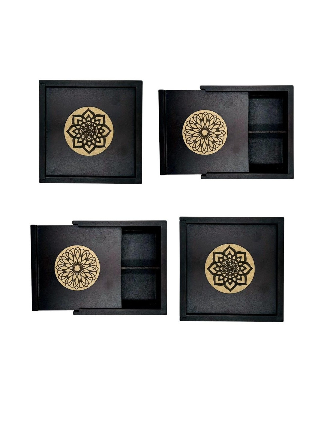 Angira handicrafts Brown & Black Set Of 4 Printed Wooden Square Dry fruit Box