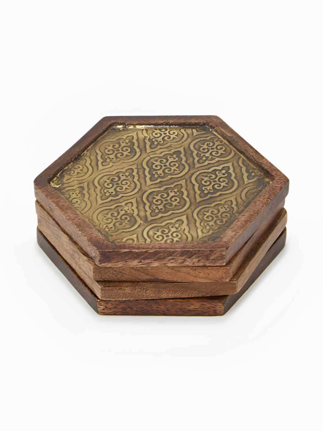 Fabindia Purvi Yellow & Brown 4 Pieces Printed Diamond Shaped Wooden Coasters