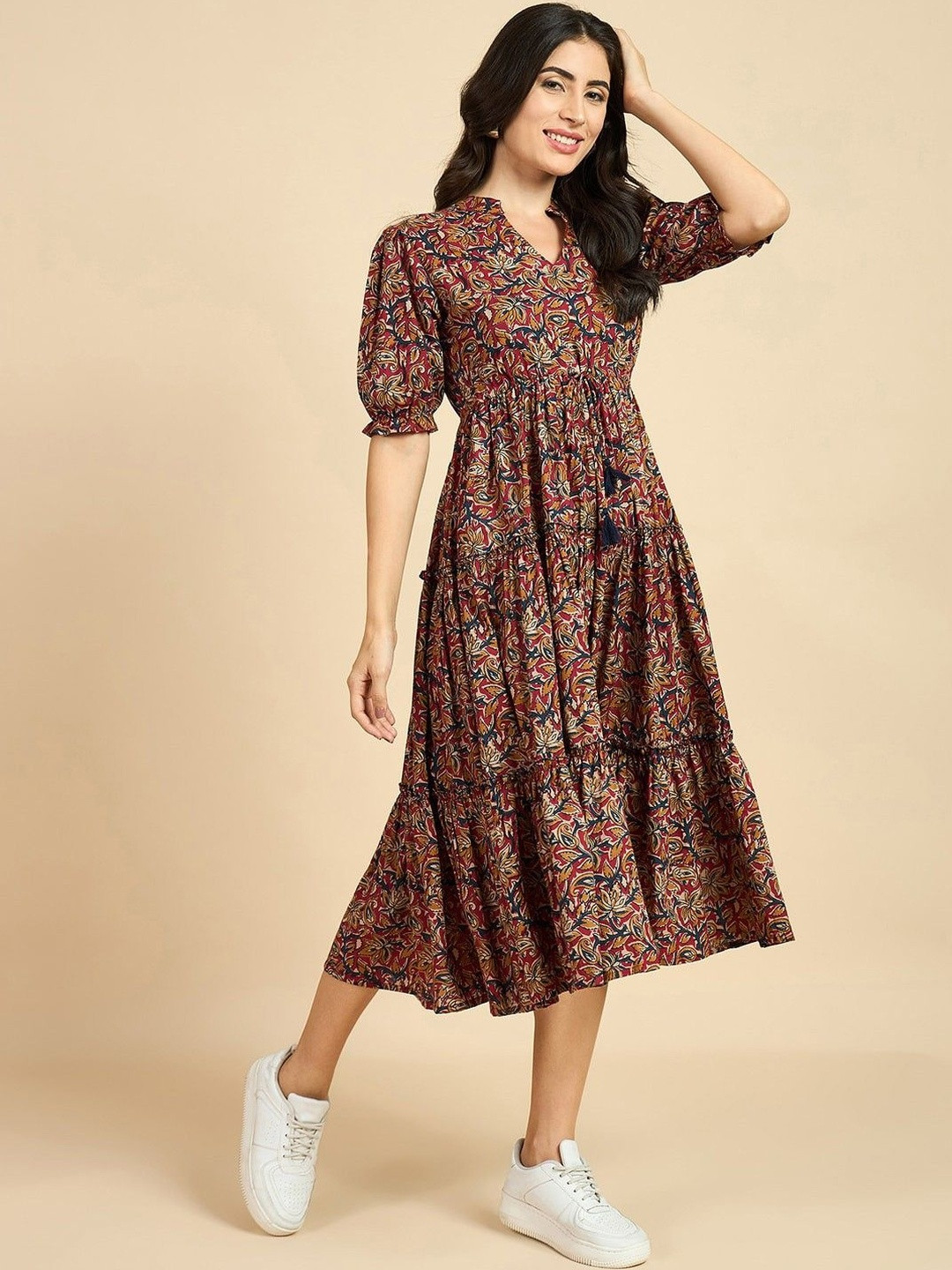 Jash Creation Women Brown Printed V-Neck Puff Sleeves Cotton Causal Anarkali Kurtas