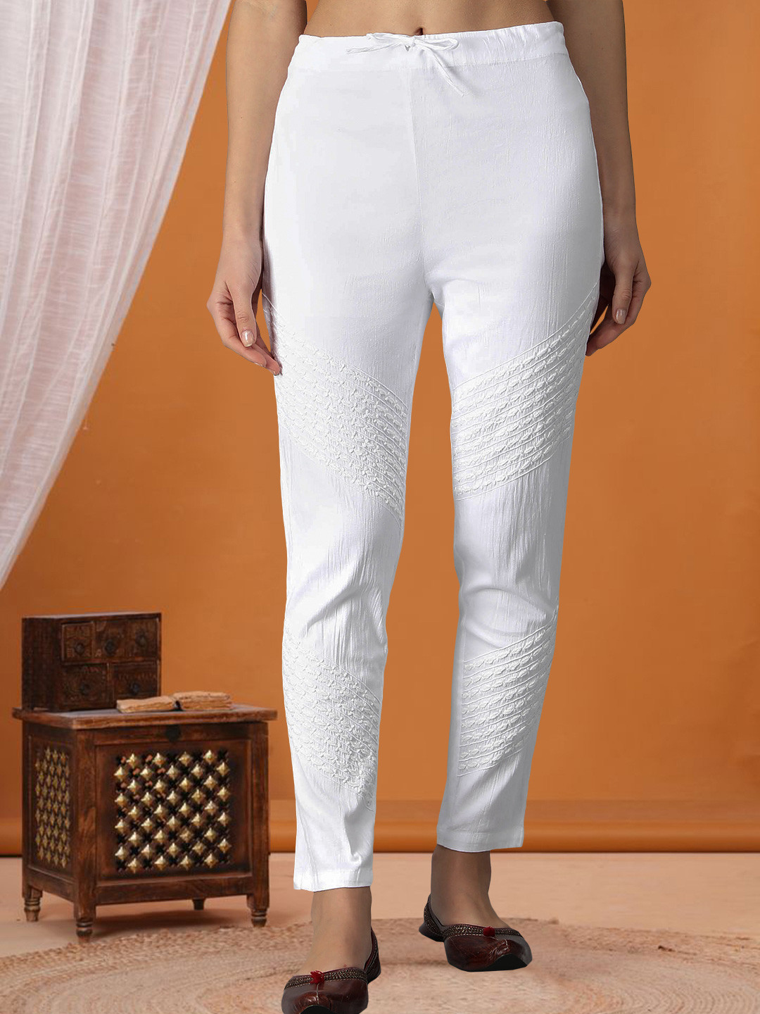 Seva Chikan Embroidered Chikankari Easy Wash Cigarette Trousers