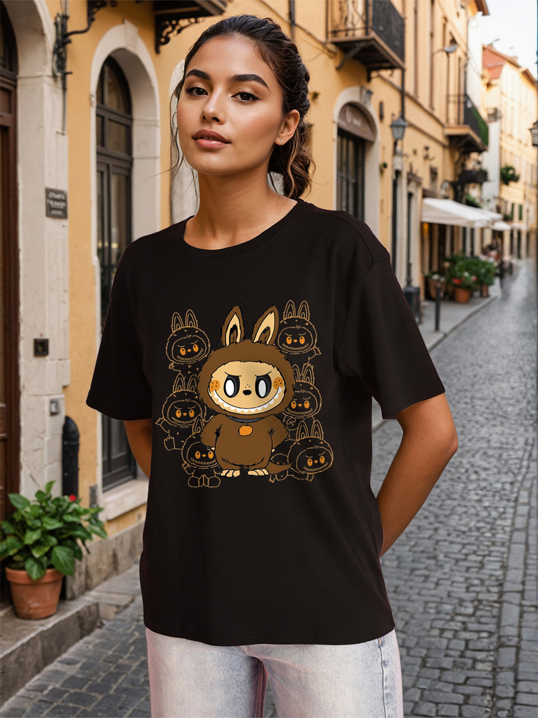 Bene Kleed Women Labubu Print Cotton Oversized T-shirt
