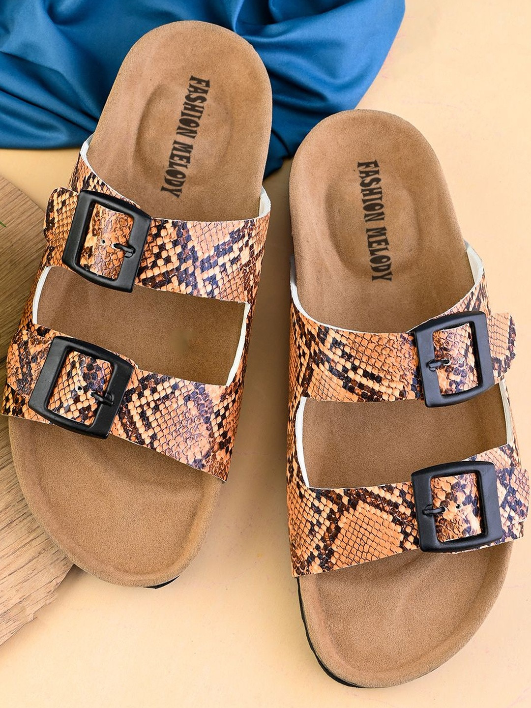 Fashion Melody Women Textured Buckles Open Toe Flats