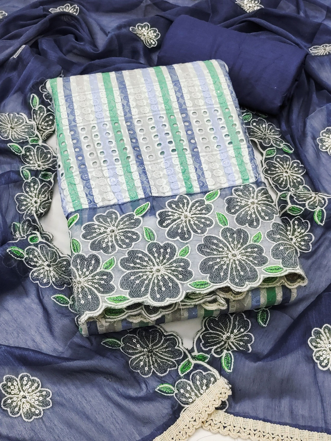 KALINI Women Blue Cotton Ethnic Striped Embroidered Dress Material