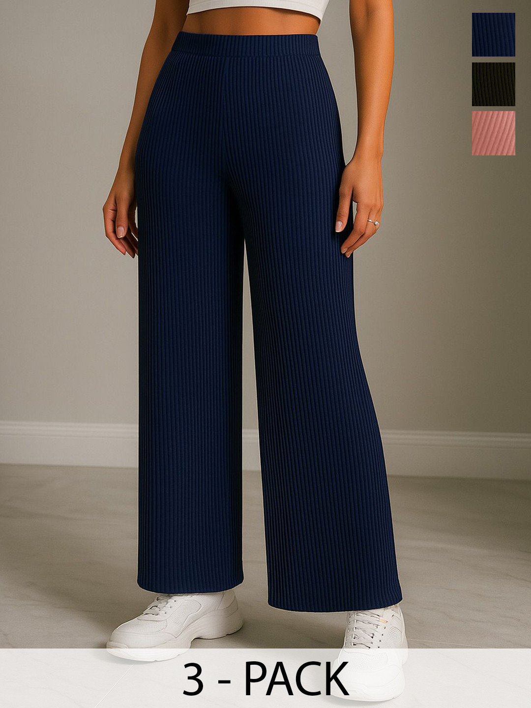 Fabflee Women Pack of 3 Wide Leg Mid-Rise Flat-Front Cotton Parallel Trousers