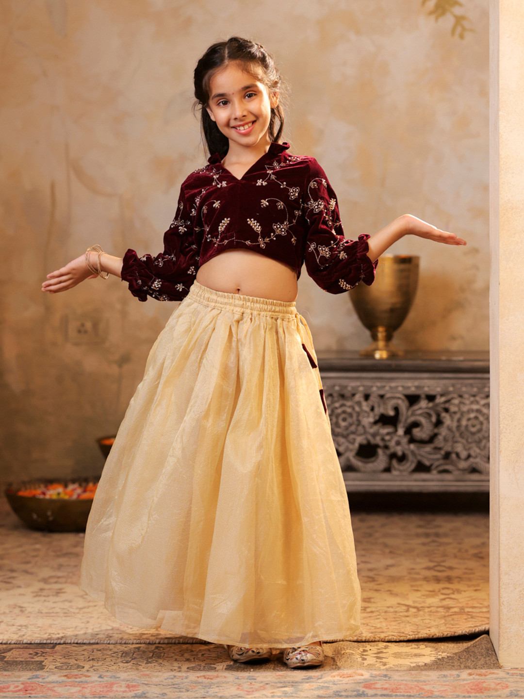 SHORGUL Girls Embroidered Beads And Stones Ready to Wear Lehenga & Shirt