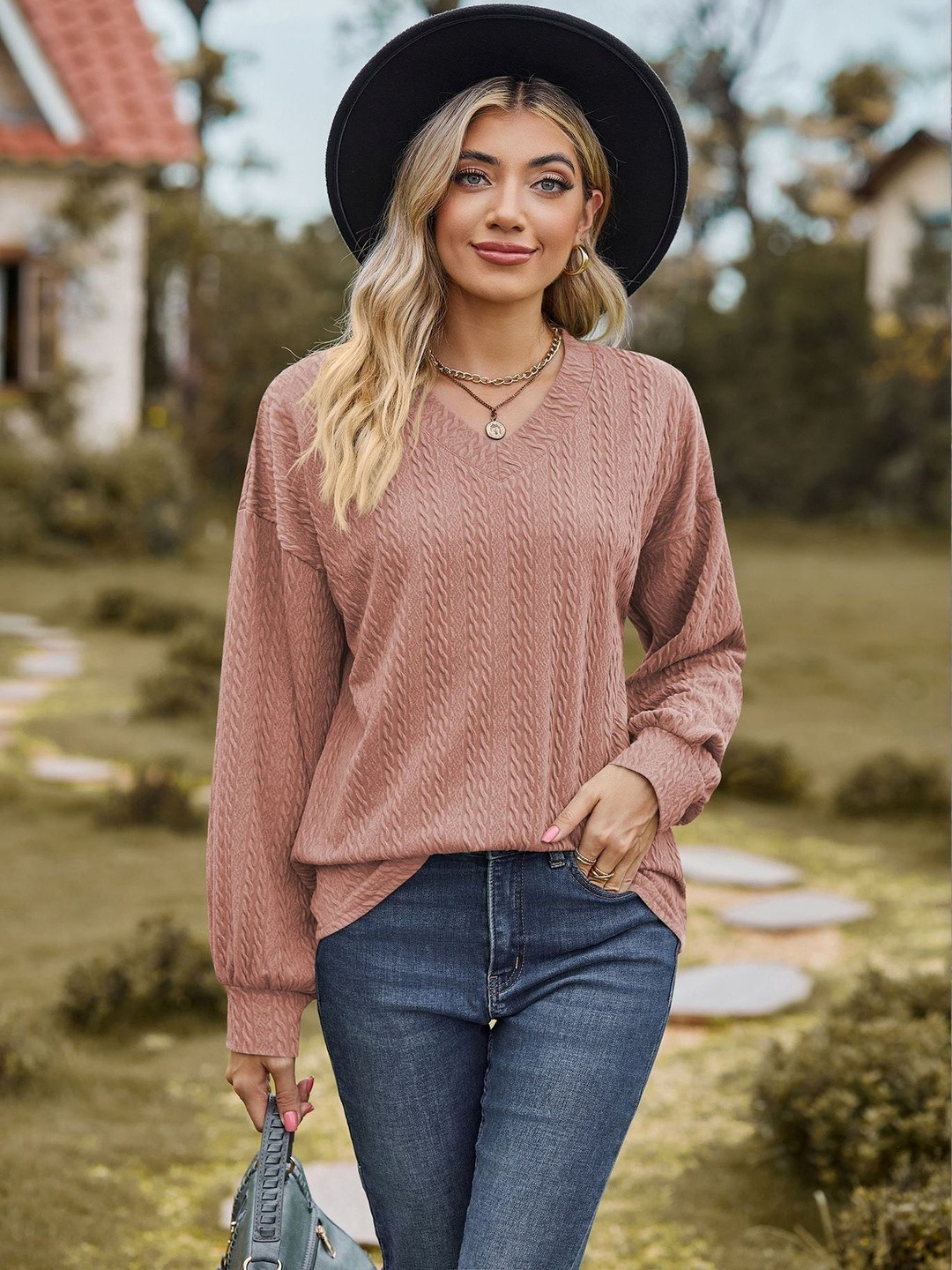 Outzidr Women Pink V Neck Textured Knit Regular Top