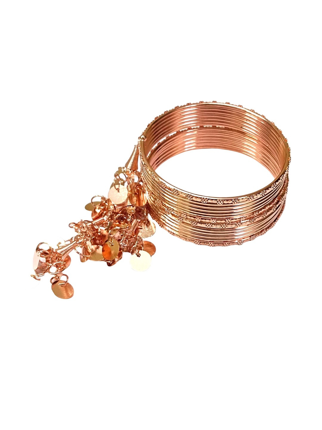 Women Set Of 2 Women Rose Gold Metal Kangan Coin Hanging Bangles