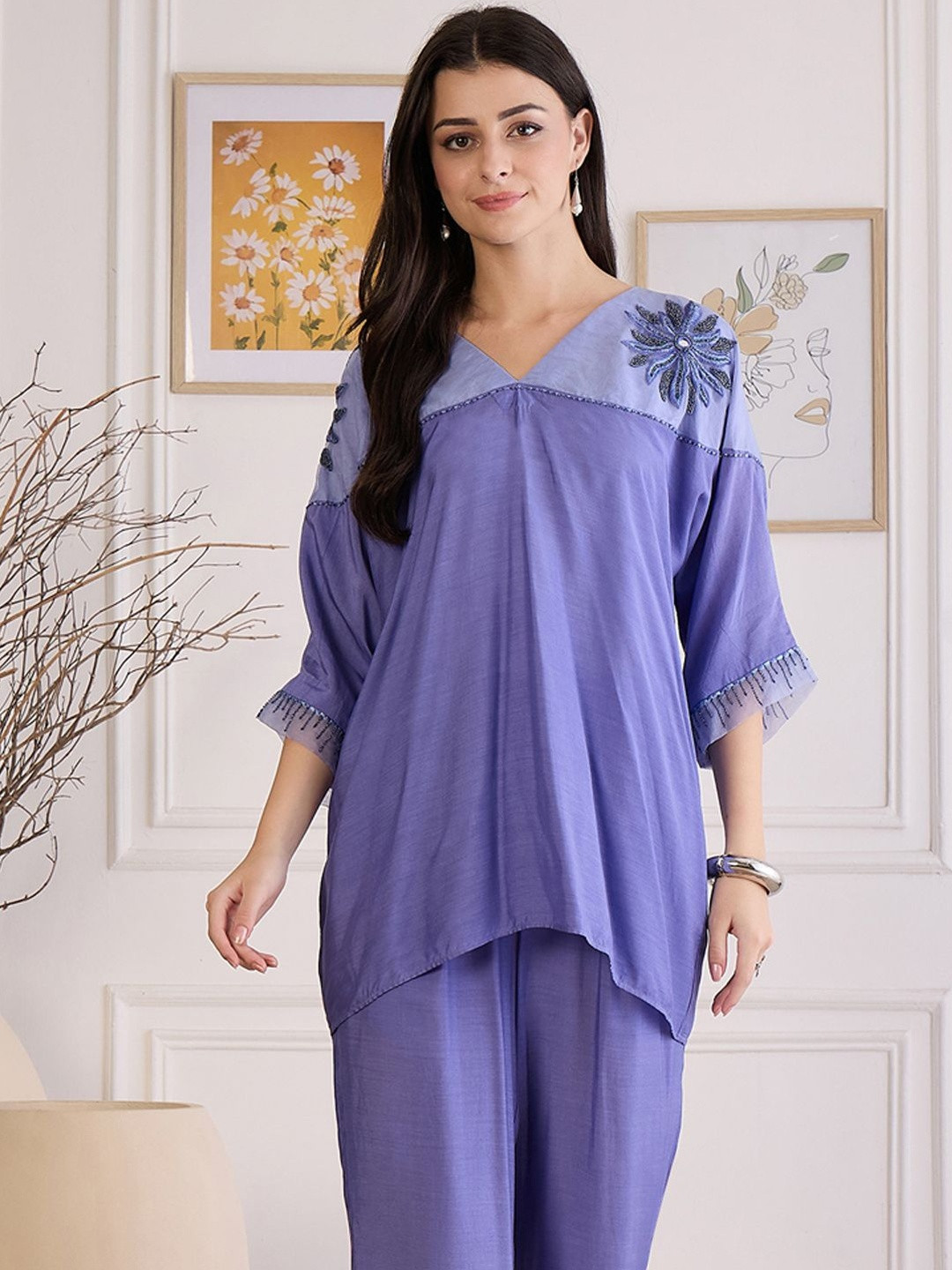 First Resort by Ramola Bachchan Embellished Batwing Sleeve Cotton Top