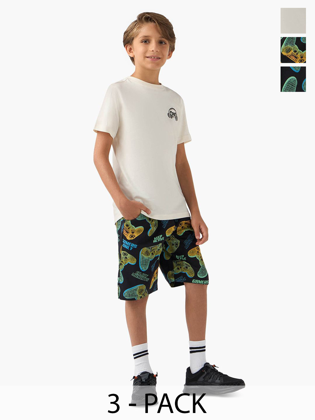 Juniors by Babyshop Boys Pack Of 3 Gamer Printed Pure Cotton T-Shirts With Shorts