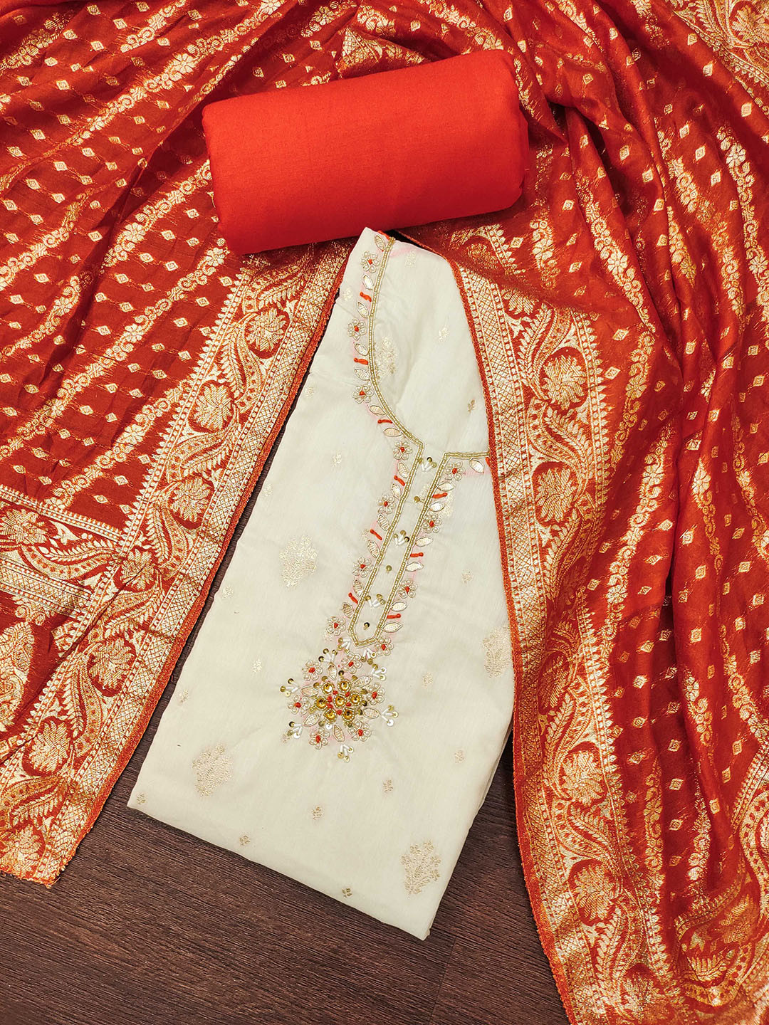 Maroosh Woven Design Beads & Stones Dress Material