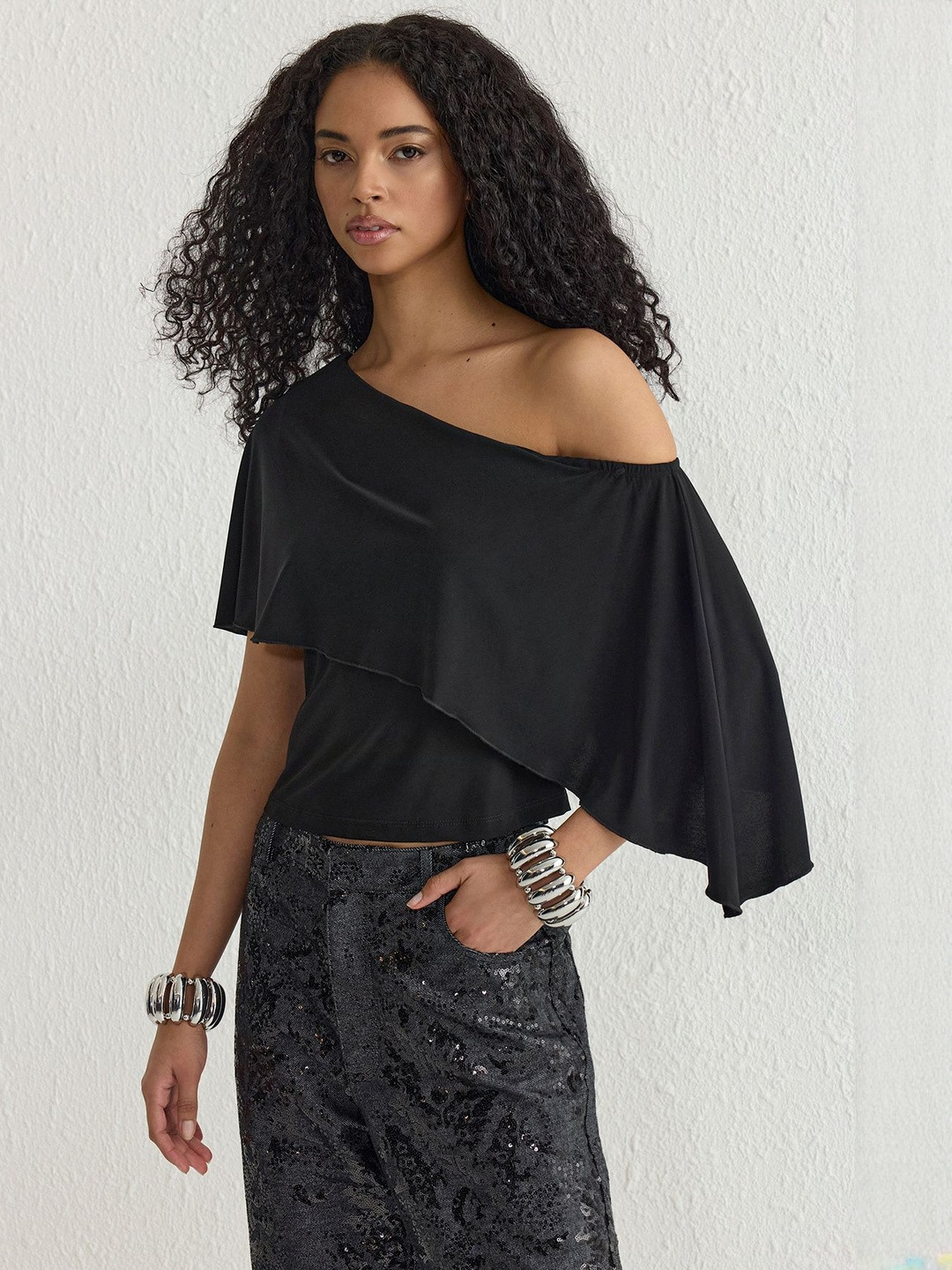 Trendyol Women One Shoulder Flared Sleeve Ruffles Top