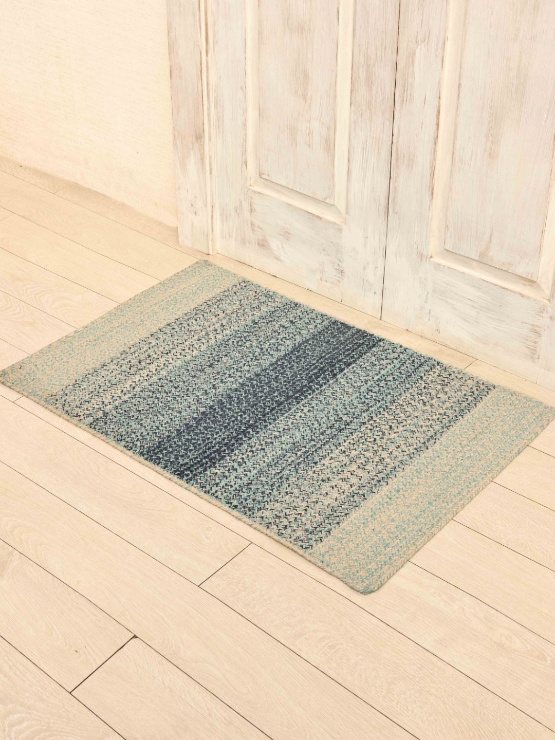 Ariana Blue & Cream Colored Striped Cotton Anti-Skid Doormat