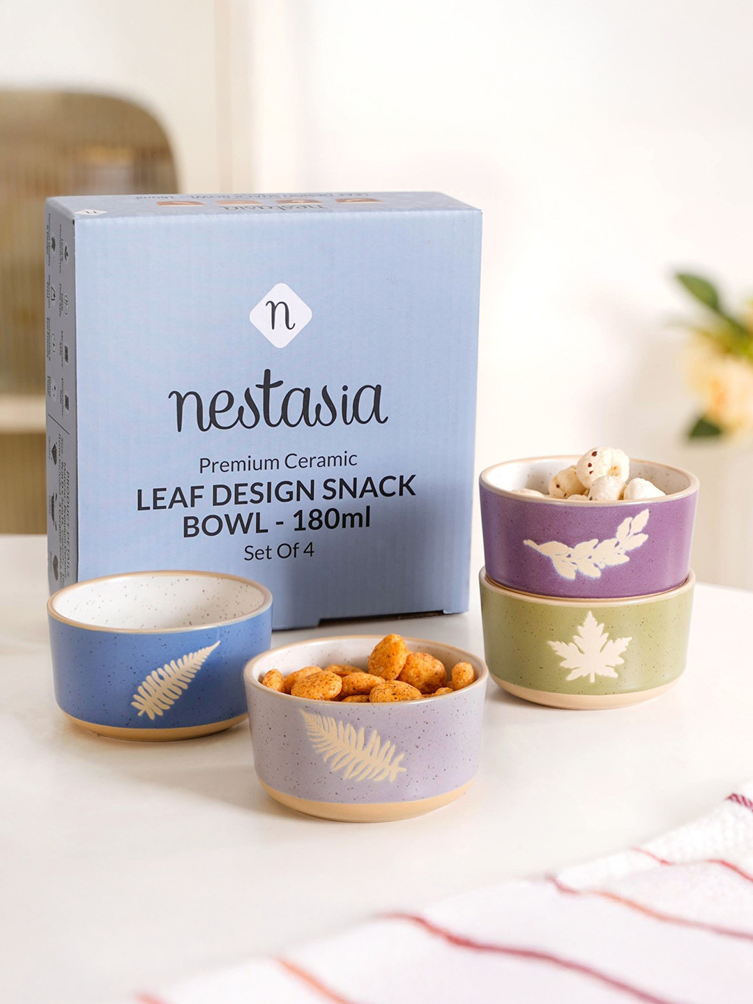 Nestasia Monsoon Blue & Green 4 Pieces Leaf Printed Ceramic Bowls 180ml