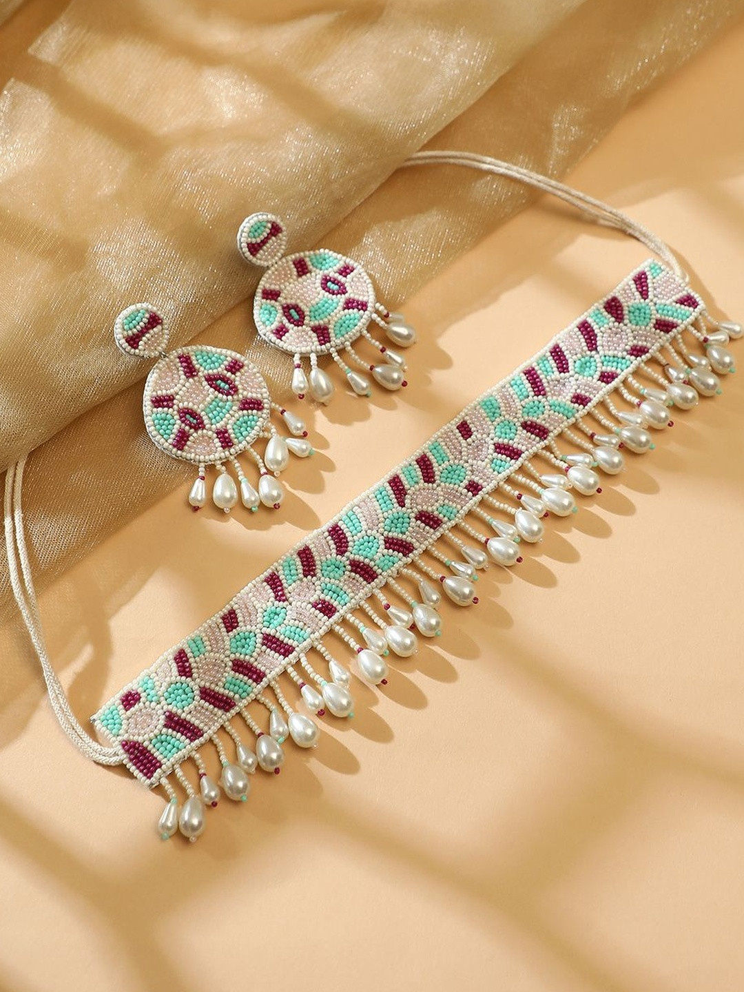 SOHI Ruby Pink & Mint Green Beaded-Mosiac Necklace & Earrings Jewellery Set