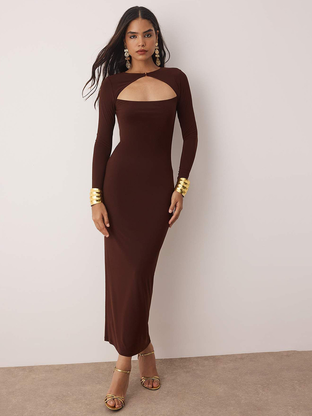 Trendyol Kahverengi Women Boat Neck Cut Out Sheath Maxi Dress