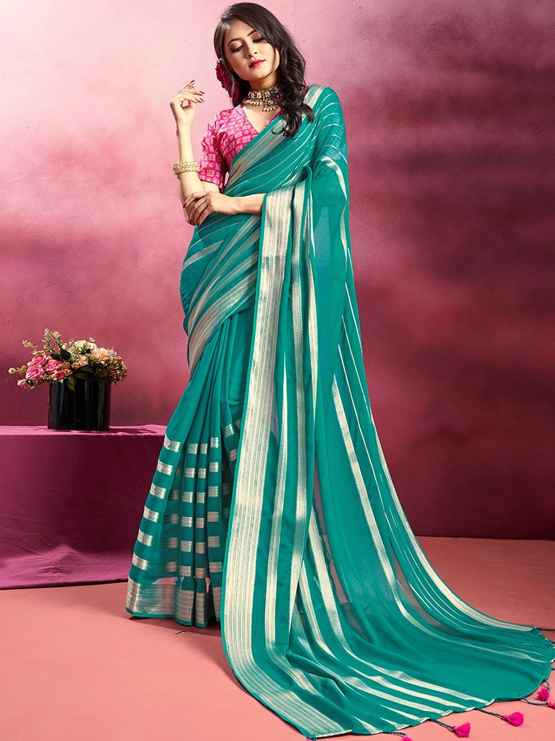 Satrani Woven Design Zari Work Pure Georgette Saree With Blouse