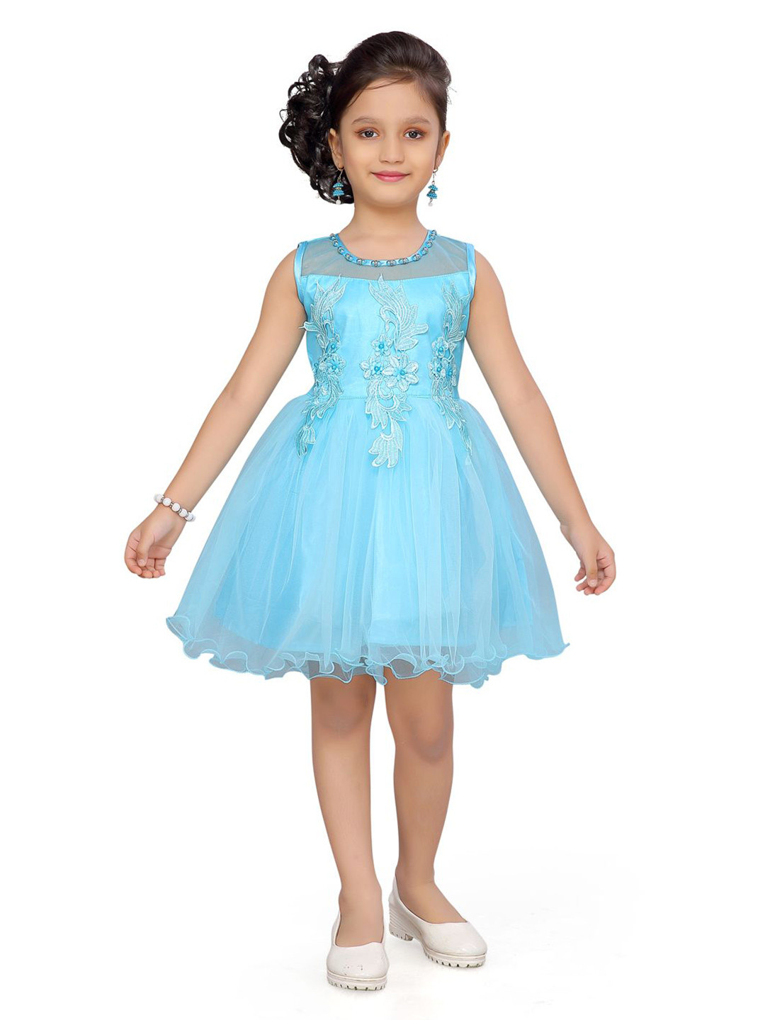 BAESD Girls Floral Embroidered Round Neck Patch Work Fit And Flare Dress