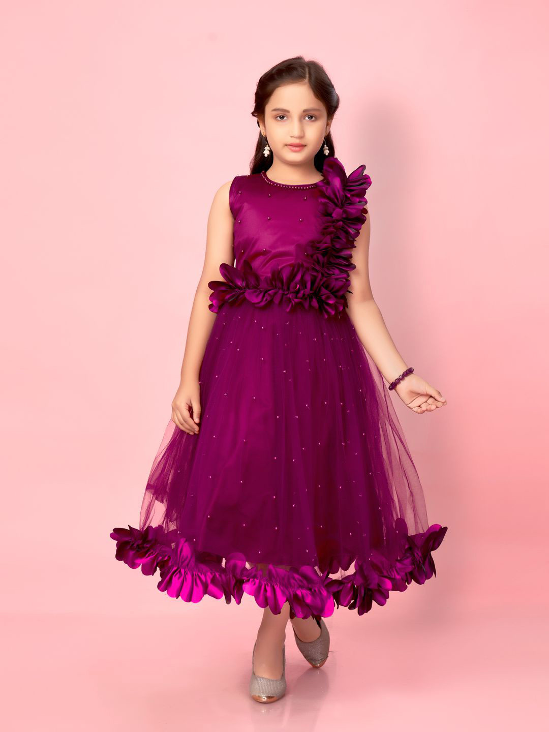 BAESD Girls Embellished Round Neck Applique Gown Net Maxi Dress