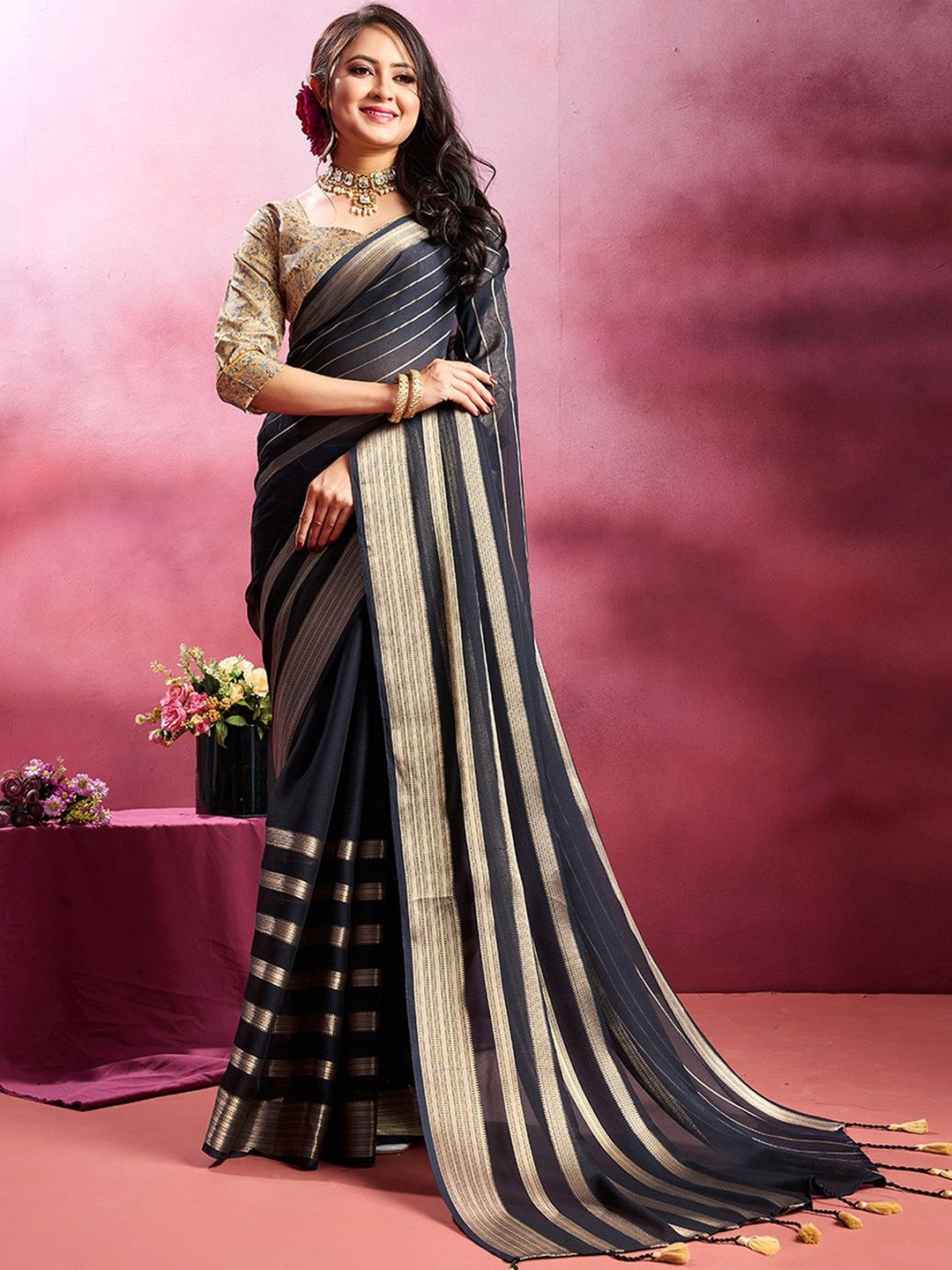 Satrani Striped Woven Design Zari Work Pure Georgette Saree With Blouse