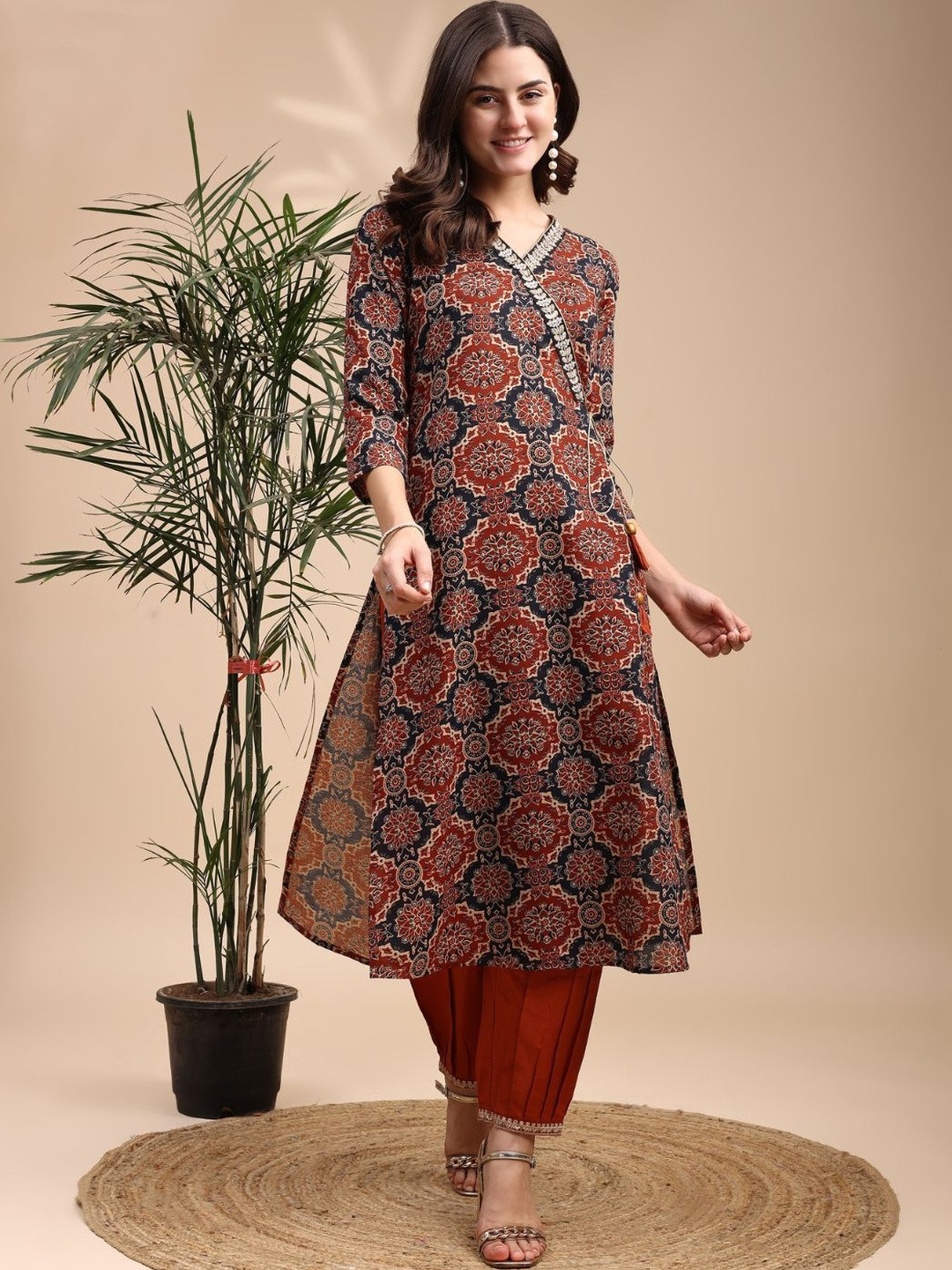 KALINI Women Rust Cotton Printed A-Line Angrakha Knot Kurtas