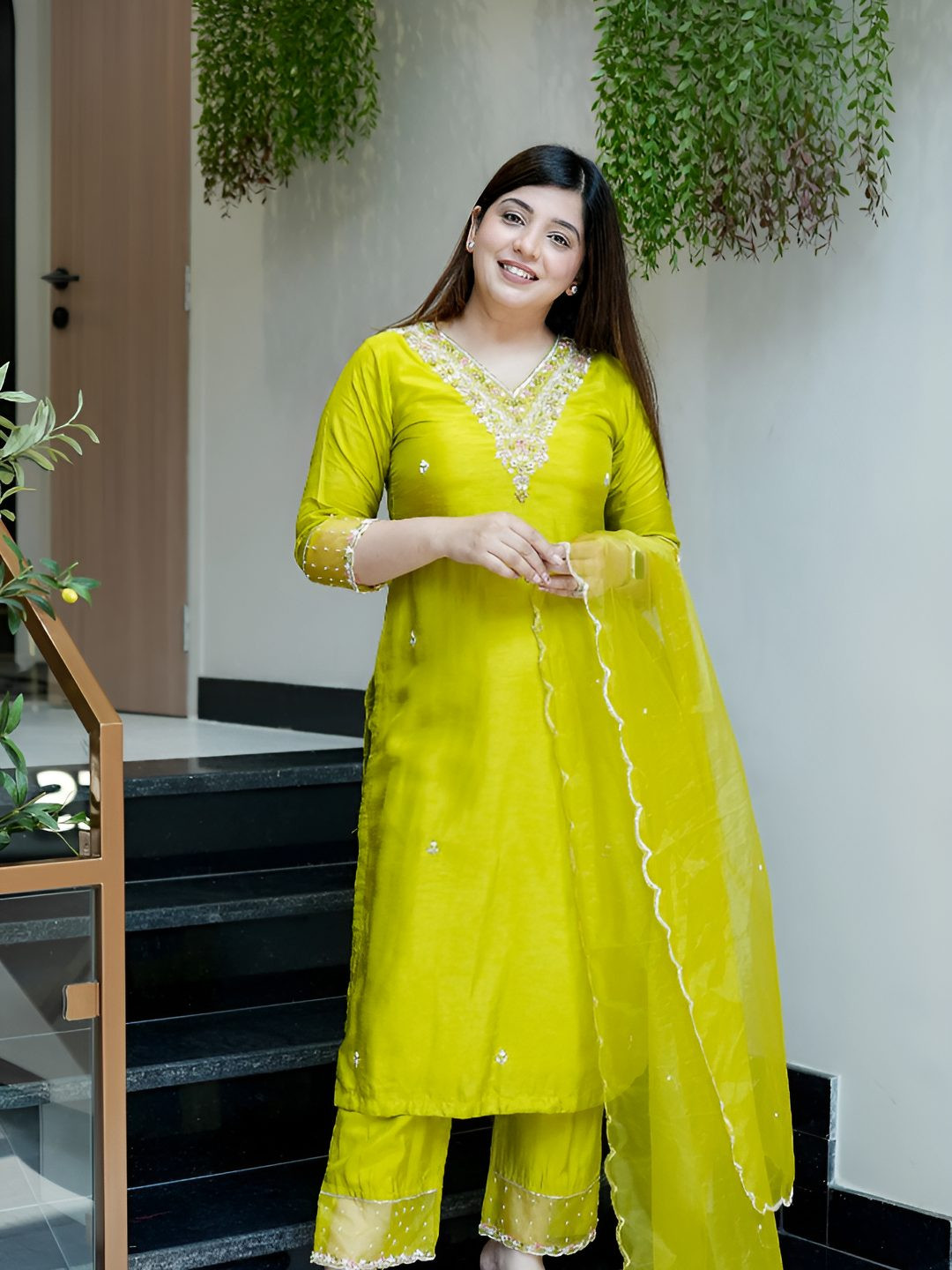 J.KANJI Embroidered V-Neck Chanderi Silk Straight Kurta With Trousers & Dupatta