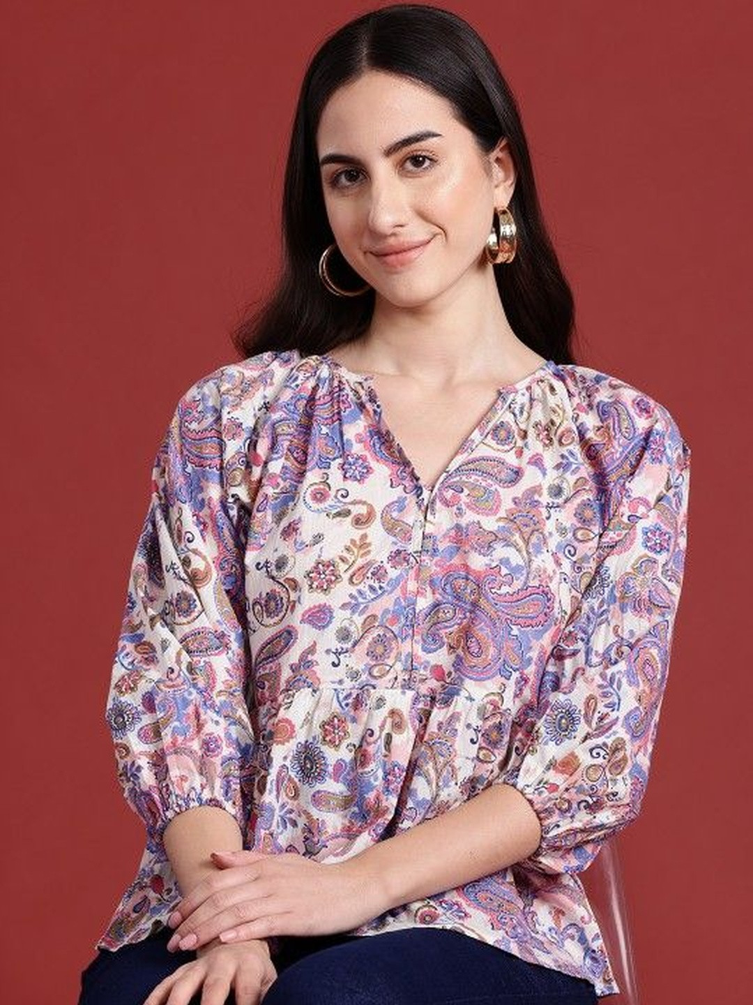 Gaonwali Clothings Paisley Print Puff Sleeves Top