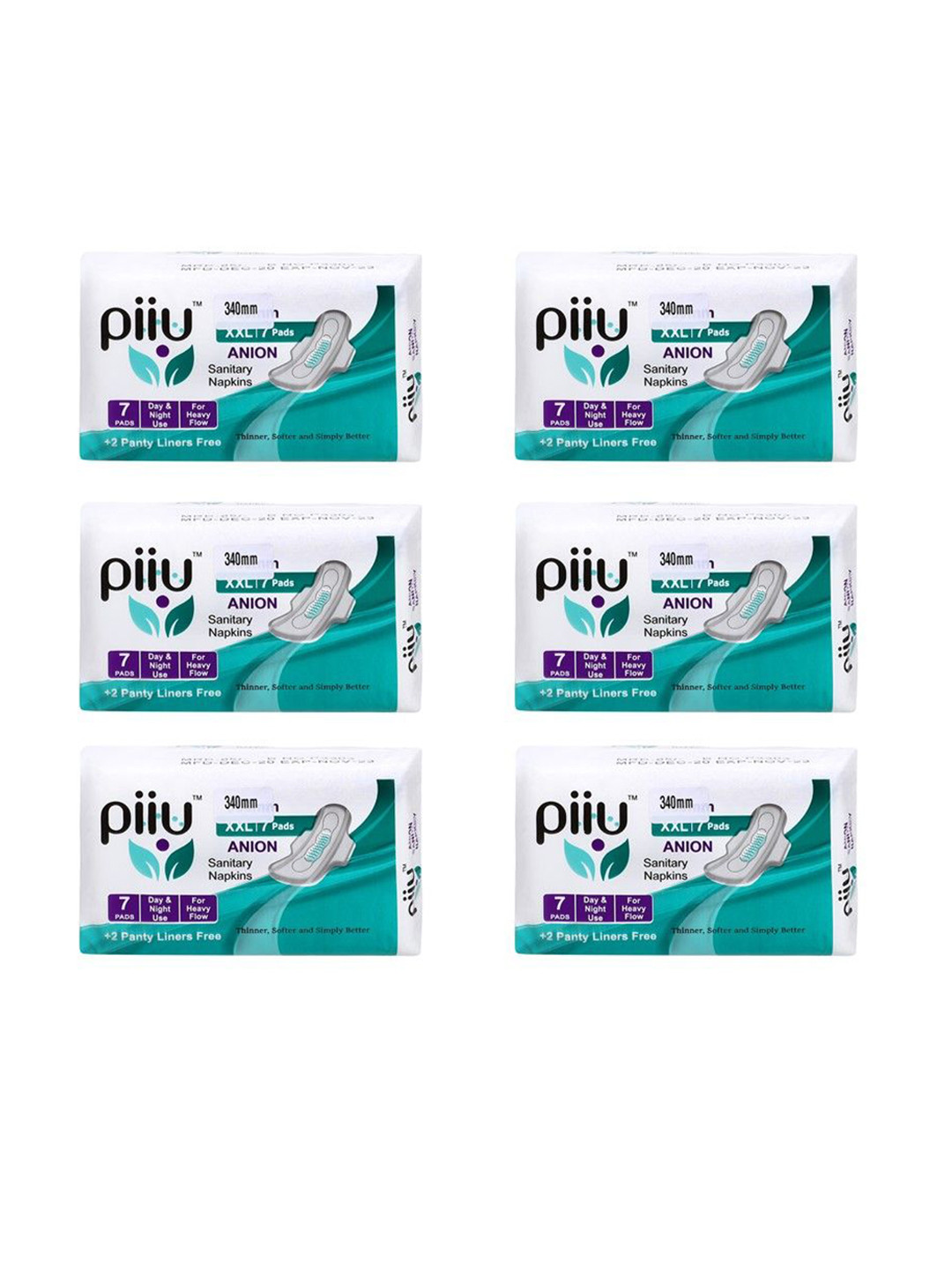 PIIU Set Of 6 Cottony Soft Rash Free Ultra-Thin Anion Sanitary Pads- XXL- 7 Pads Each